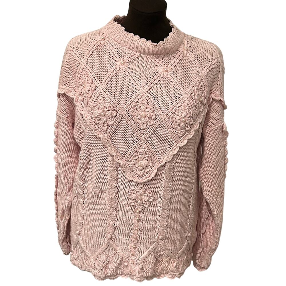 Arlando Pale Pink Women's Pearl Cottagecore Grandma Indie Chunky Sweater Size L